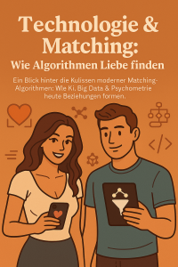 Digitale Illustration eines algorithmusbasierten Matchings mit attraktiver Frau im Mittelpunkt, die mit Technologie interagiert.