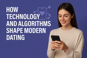 Smiling young woman looking at her smartphone with the text “How Technology and Algorithms Shape Modern Dating”