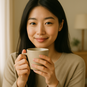 一位東亞年輕女子微笑地看著鏡頭,手中拿著一杯熱茶。