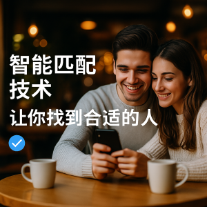 一對年輕男女微笑看手機,象徵科技輔助的愛情配對。