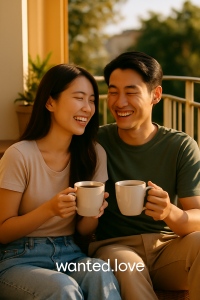 一对年轻的东亚情侣在阳光下微笑相望，氛围轻松愉快，传递亲密与信任。