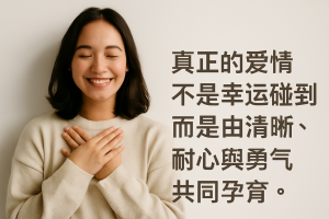 一位東亞女性在陽台上望向夕陽,神情溫柔且充滿希望。