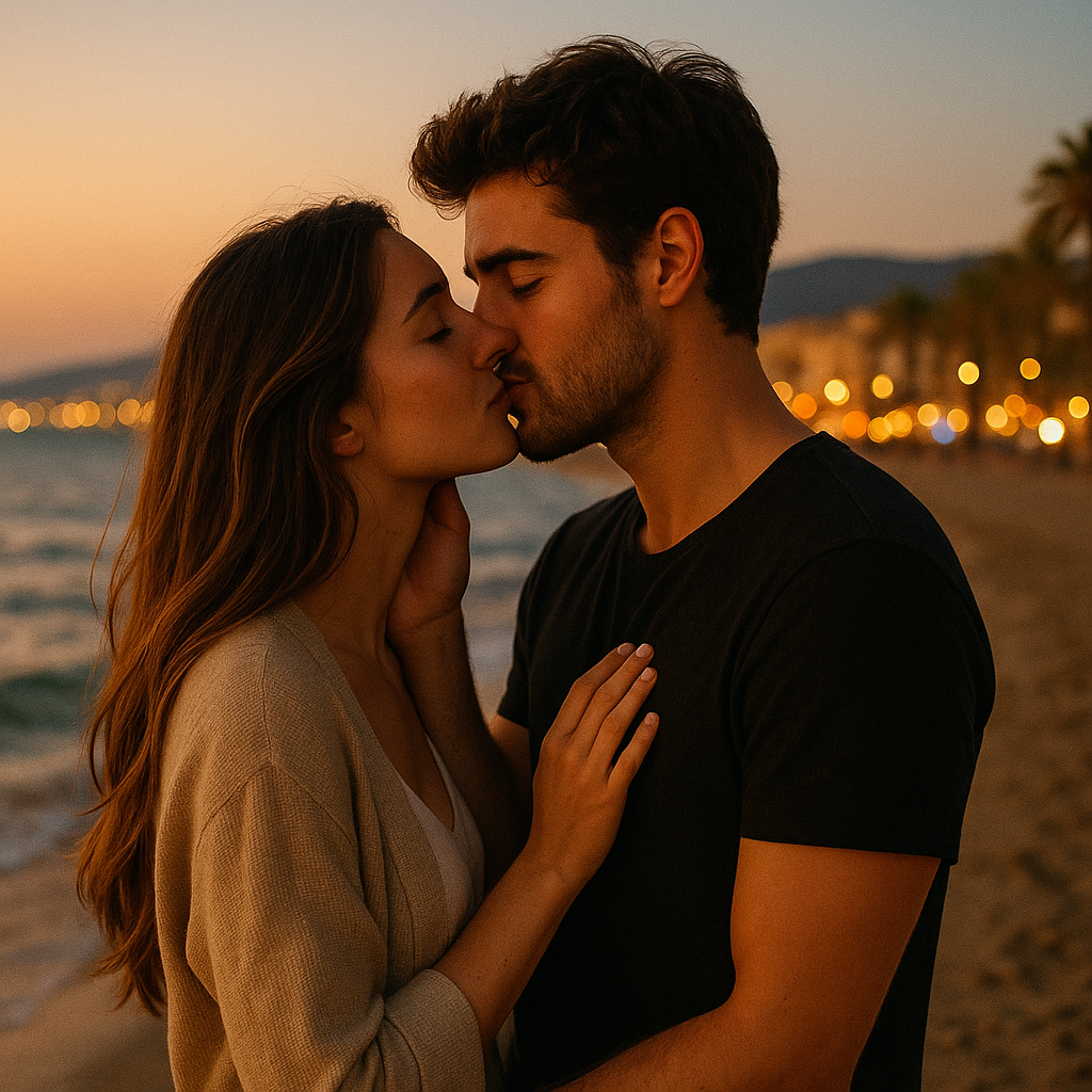 Pareja joven besándose con ternura en la playa mediterránea al atardecer, con el mar y las luces de la ciudad al fondo