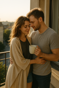 Paar umarmt sich zärtlich auf einem sonnigen Balkon am Morgen, er hält eine Tasse Kaffee, sie trägt eine Decke über den Schultern