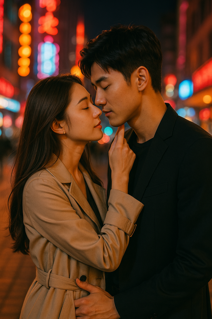 一对年轻的东亚情侣在霓虹灯街头亲密相拥,闭眼感受彼此的温度