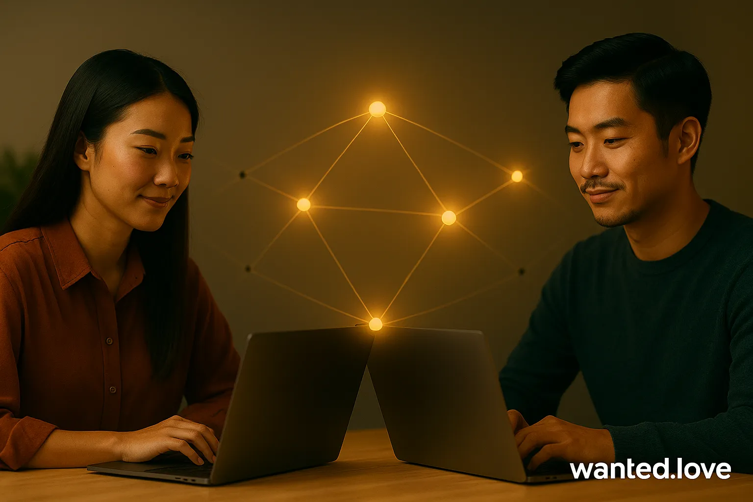 两位年轻的亚洲用户在笔记本电脑前，象征性地通过光线连接 —— wanted.love