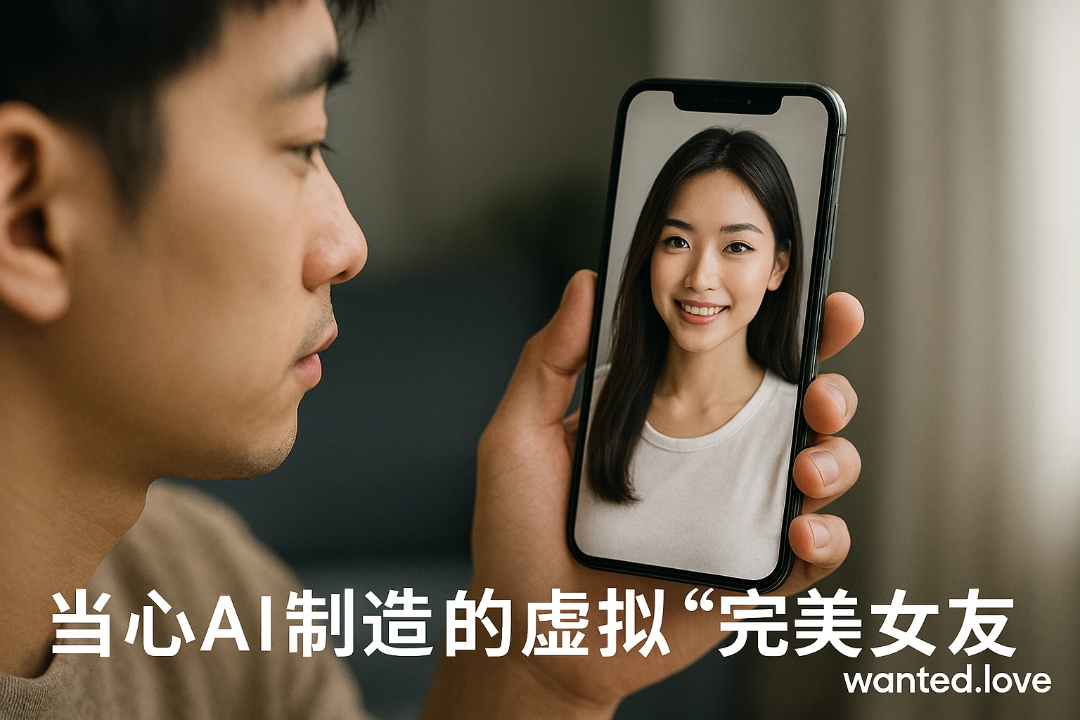 年轻男子盯着手机，屏幕上出现虚拟女性头像，象征AI骗局与虚假爱情 – wanted.love.