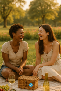 Two women laughing together during a picnic in a sunny park, symbolizing authentic connection and summer romance.