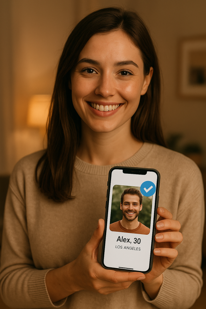 A young woman smiling while holding a smartphone showing a verified dating profile