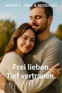 Verliebtes Paar umarmt sich innig in der Natur und wirkt gelöst und verbunden