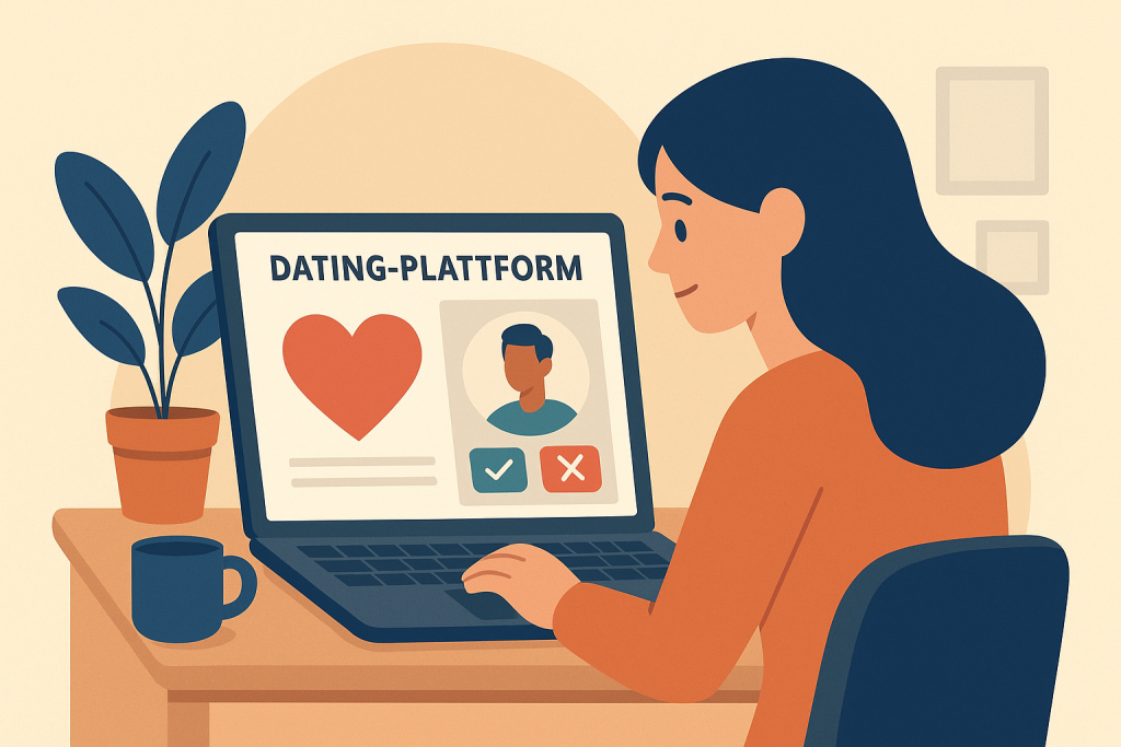 Illustration einer jungen Frau an einem Laptop, die eine Dating-Plattform nutzt, mit Herz- und Profilbild-Symbolen