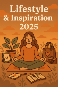 Illustration einer meditierenden Frau, umgeben von Pflanzen, Notizbuch und Kamera – Symbol für achtsamen Lifestyle 2025