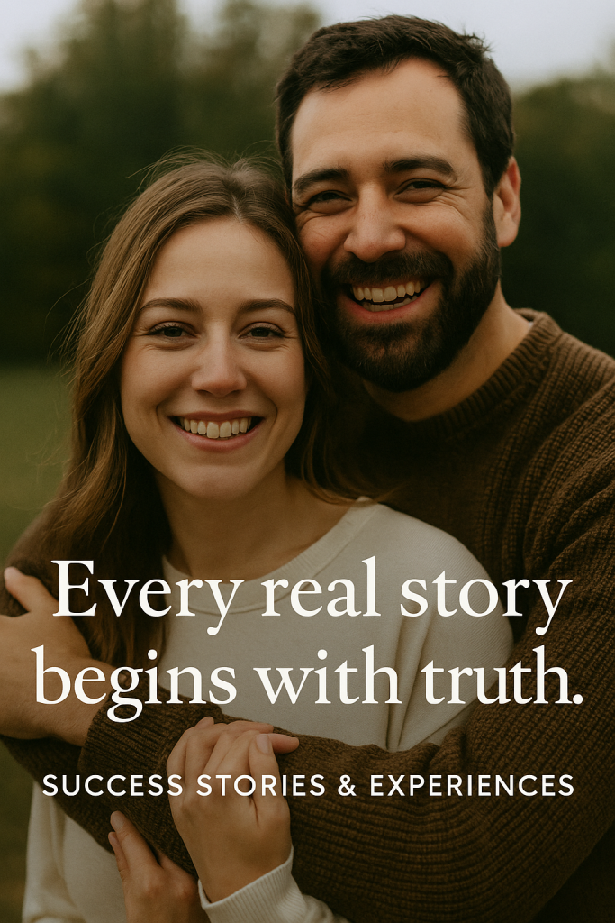 Smiling couple embracing in natural light, expressing warmth and trust.