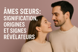 Couple regardant profondément l’un l’autre avec le texte “ÂMES SŒURS : SIGNIFICATION, ORIGINES ET SIGNES RÉVÉLATEURS”