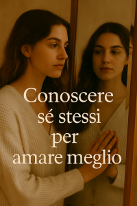 Donna che si guarda allo specchio con espressione riflessiva, simbolo di consapevolezza interiore