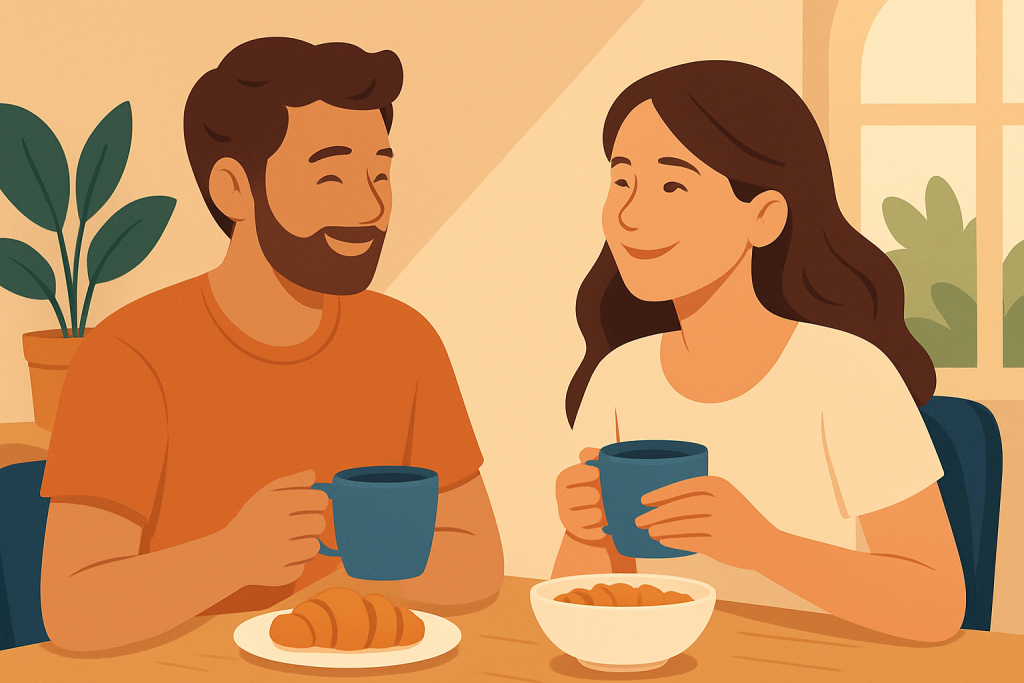 Una coppia sorride mentre condivide una colazione senza telefoni, immersa nel momento.