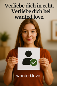 Junge Frau mit wanted.love Shirt hält Schild mit Verifizierungssymbol