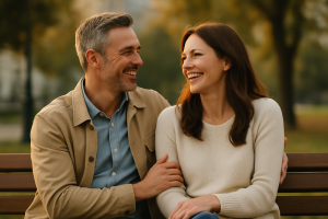 A smiling couple in their 30s enjoying a warm conversation on a park bench in soft autumn light.