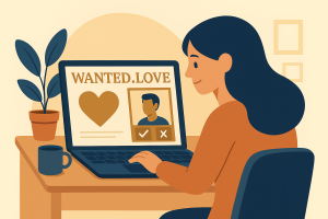 Illustration einer jungen Frau an einem Laptop, die eine Dating-Plattform nutzt, mit Herz- und Profilbild-Symbolen