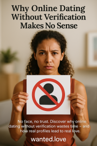 A serious young woman holding a sign with a crossed-out profile icon and the text: "Why Online Dating Without Verification Makes No Sense"