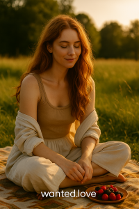 A young red-haired woman enjoying a sunny day with fresh fruit and a gentle smile, sitting outdoors