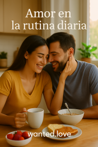 Pareja desayunando juntos con gestos de cariño, rodeados de luz natural y comida casera.