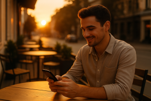 Hombre joven mirando su teléfono móvil con una leve sonrisa en un ambiente acogedor