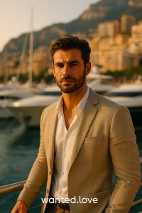 Homme élégant à Monte-Carlo, en costume clair, se tenant devant des yachts dans le port