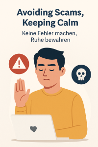 Illustration of a man raising his hand in a "stop" gesture while sitting at a laptop, with symbols warning against scams.