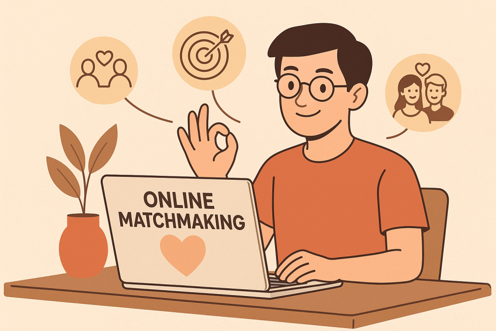 Illustration of a cheerful young man using an online matchmaking platform, making an OK gesture, surrounded by icons representing connection, goals, and relationships.