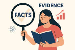 Illustration of a young woman holding a magnifying glass labeled "FACTS", with symbols of evidence and data in the background.