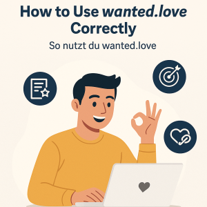 Illustration of a cheerful man giving an "OK" gesture while using wanted.love on his laptop, surrounded by icons for profile, goals, and connection.