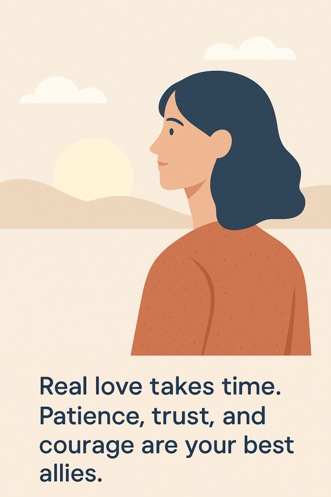 Illustration of a woman looking calmly into the distance, with the text "Patience. Courage. Trust." representing hope and mindful dating.