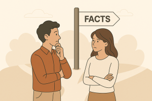 Illustration of a man and woman at a crossroads with a sign reading "FACTS", both appearing thoughtful, representing myths versus facts.