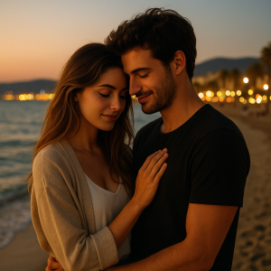 Pareja joven abrazándose con ternura al atardecer en la playa mediterránea, con el mar y las luces de la ciudad al fondo