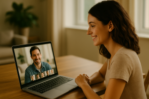 Junge Frau lächelt während eines Videochats mit einem Mann auf ihrem Laptop
