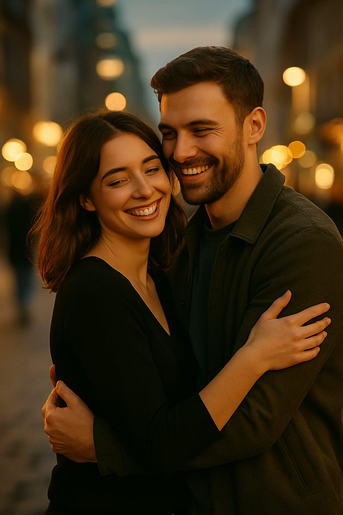 Glückliches Paar umarmt sich in der Stadt nach erfolgreichem Online-Dating
