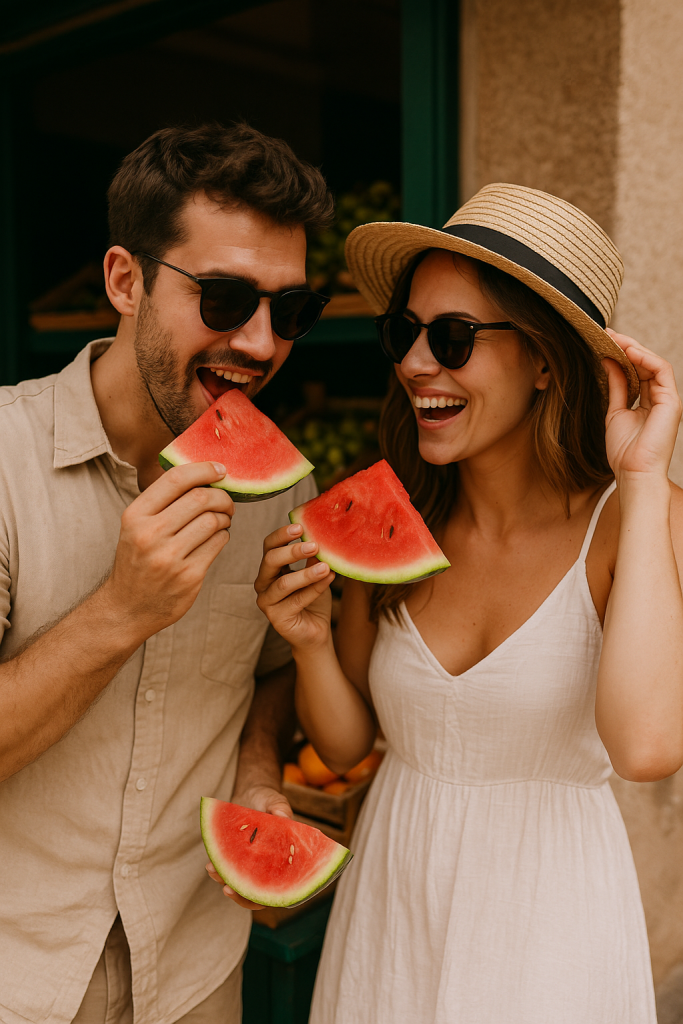 Coppia felice davanti a un negozio di frutta, mangiando fette di anguria e sorridendo al sole estivo