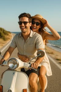 Coppia felice in Vespa lungo una strada costiera, lui guida e lei siede dietro in posizione da signora, abbracciandolo e tenendosi il cappello di paglia
