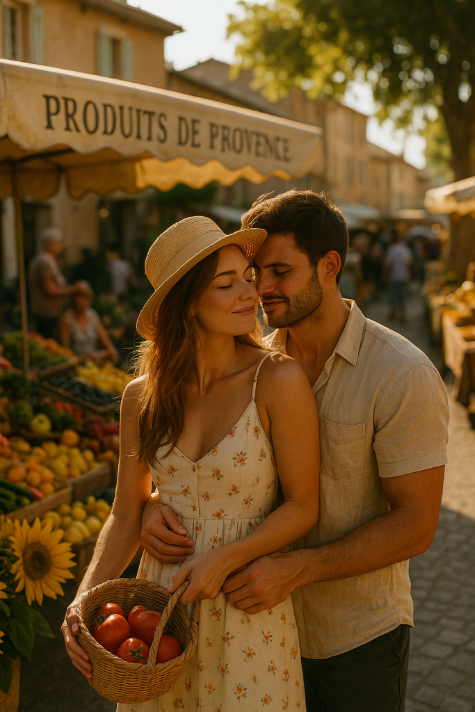 Couple se tenant tendrement au marché provençal, entouré de fruits, de fleurs et de lumière dorée