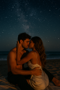 Couple kissing under the stars on a beach at night