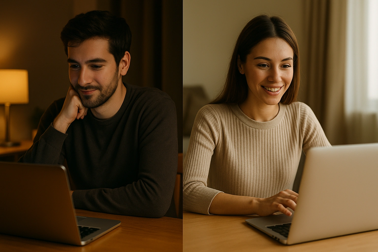 Immagine divisa: un uomo con laptop di sera, una donna in un salotto luminoso, entrambi in videochiamata.