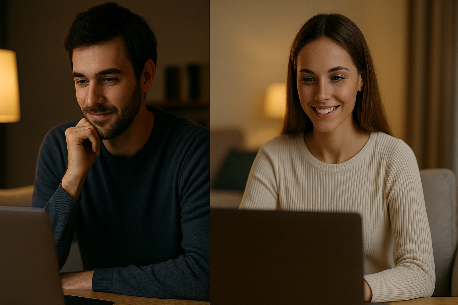 un homme devant son ordinateur le soir, une femme devant son ordinateur dans un salon lumineux, tous deux en visioconférence.