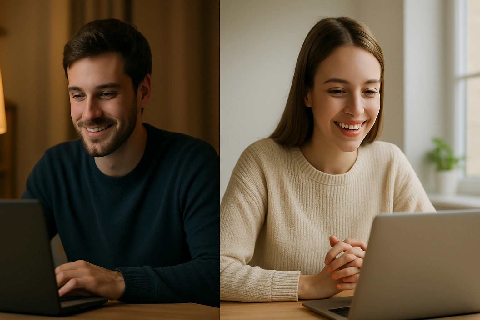 ein Mann am Laptop am Abend, eine Frau am Laptop am Tag, beide im Videochat.