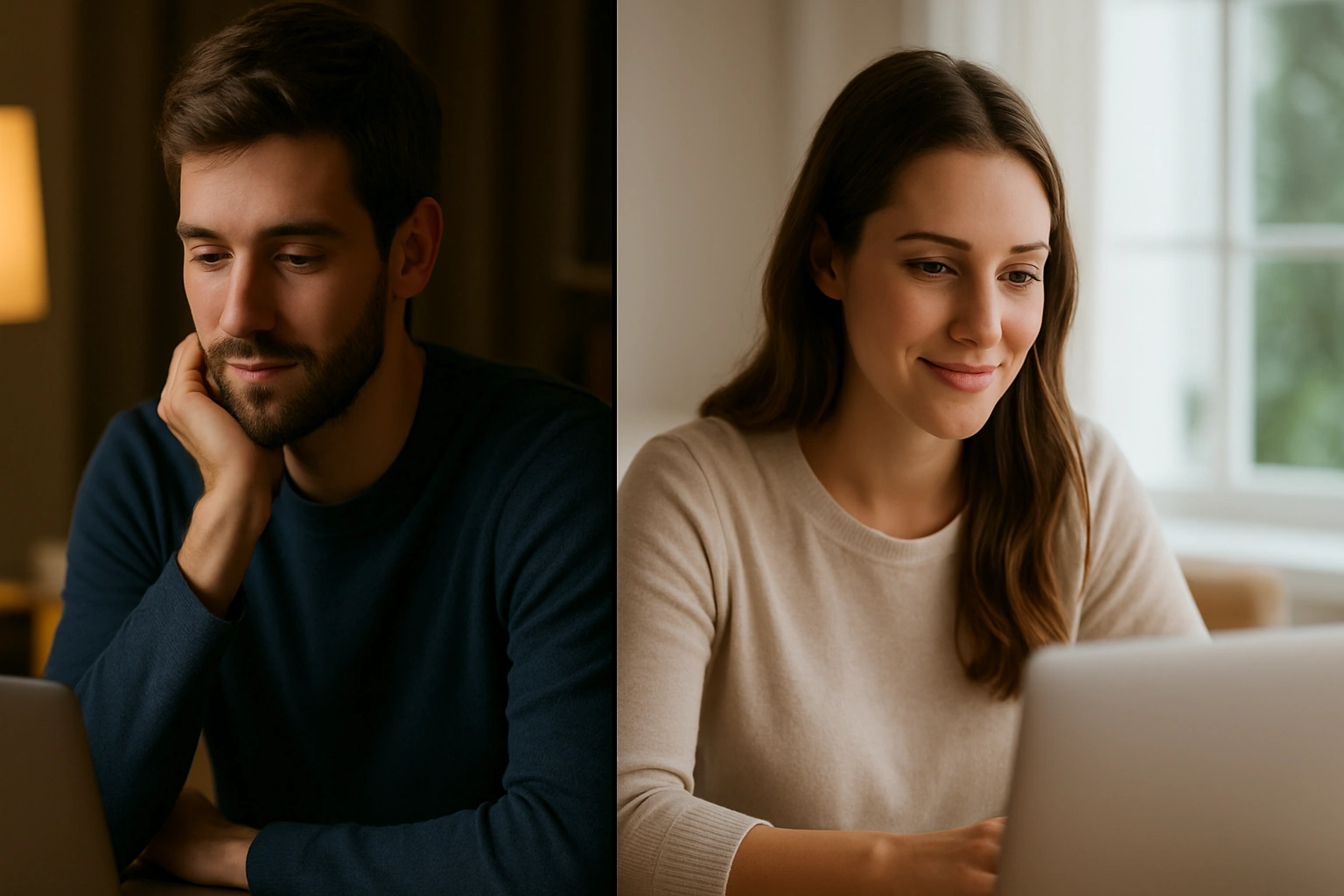 Split-screen: a man with his laptop in the evening, a woman with her laptop in daylight, both in a video call.