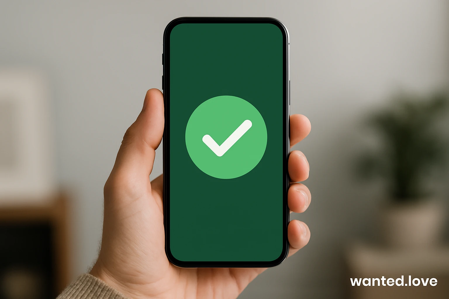 Smartphone screen with a verification checkmark symbolizing safe and trustworthy online dating – wanted.love.