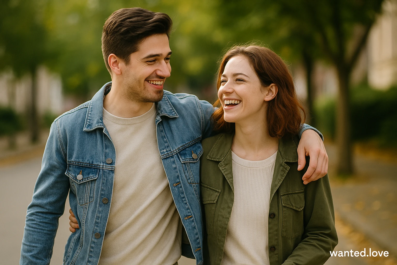 A genuine Western couple in casual clothing walking outdoors in a park, laughing together and showing authentic connection – wanted.love.