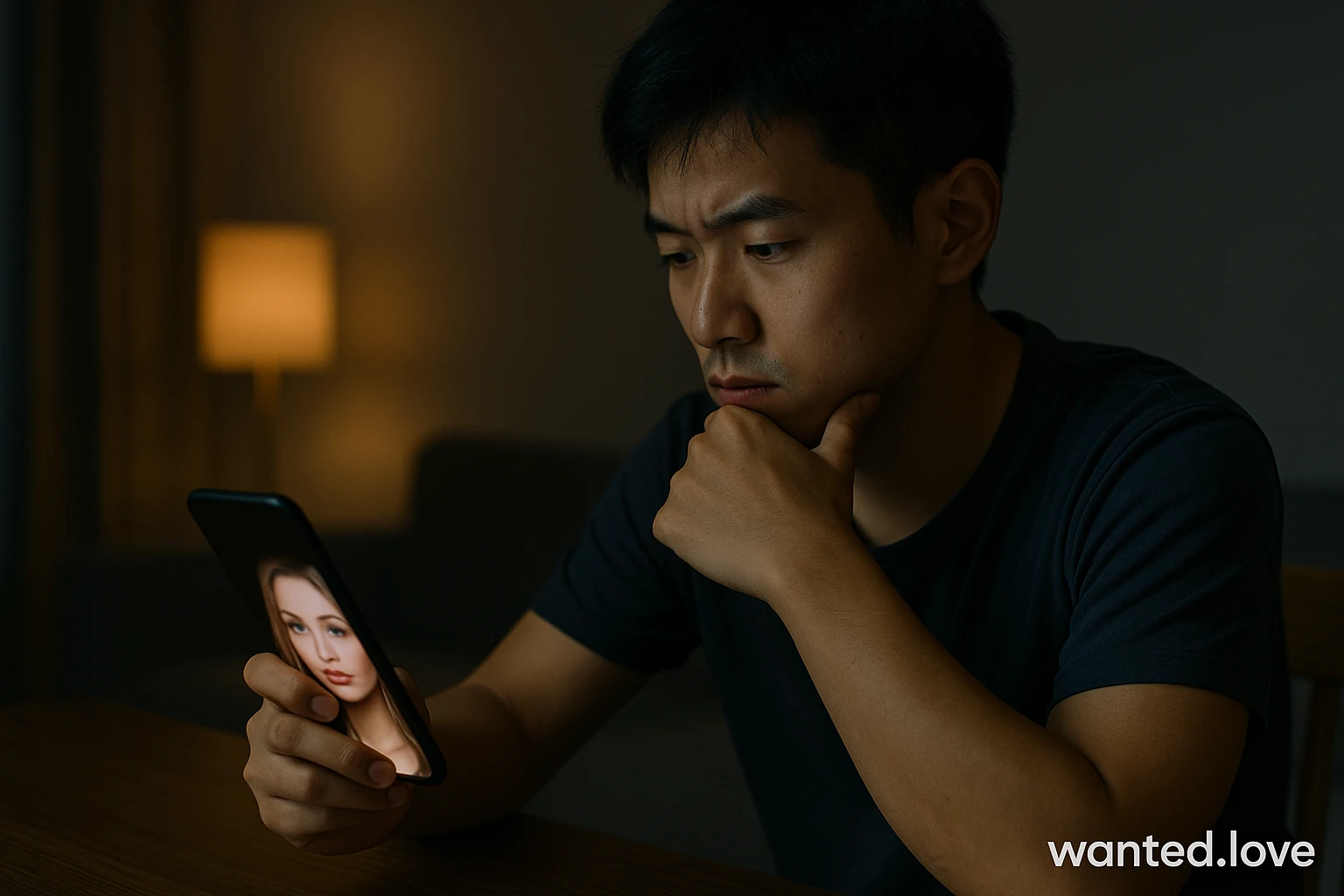 年轻男子在昏暗房间里注视手机,屏幕上出现过度完美的虚拟女性头像,象征AI骗局 – wanted.love