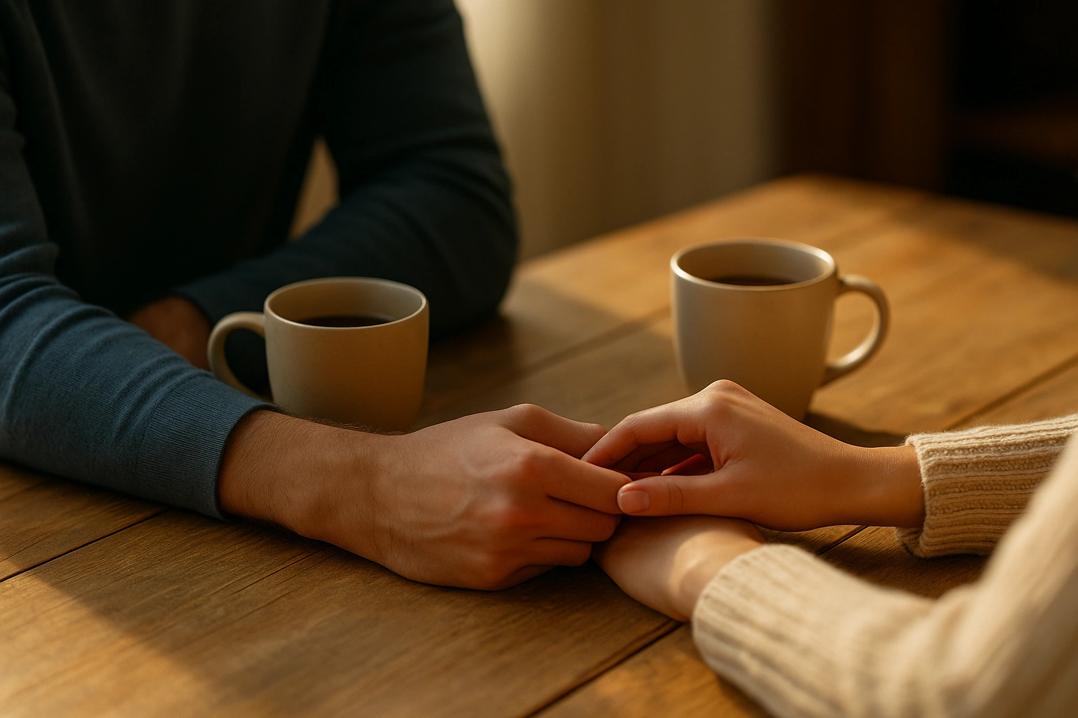 Two coffee cups on a wooden table, two hands gently touching.