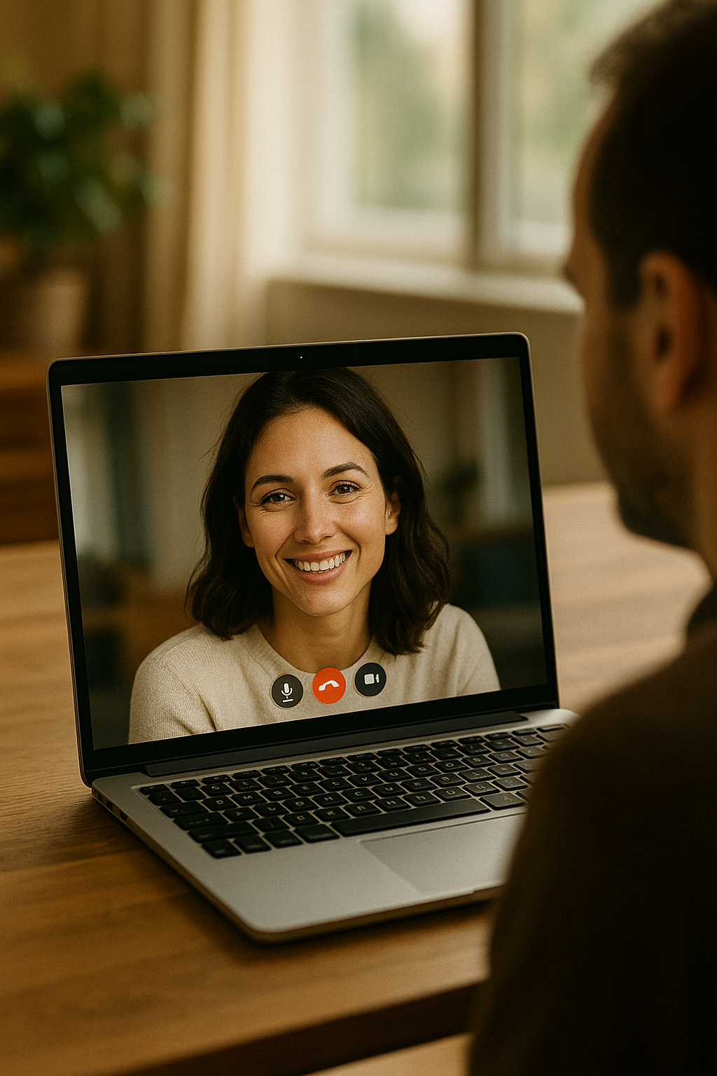 Mann bei einem Videoanruf am Laptop mit einer lächelnden Frau – sicheres und verifiziertes Dating auf wanted.love